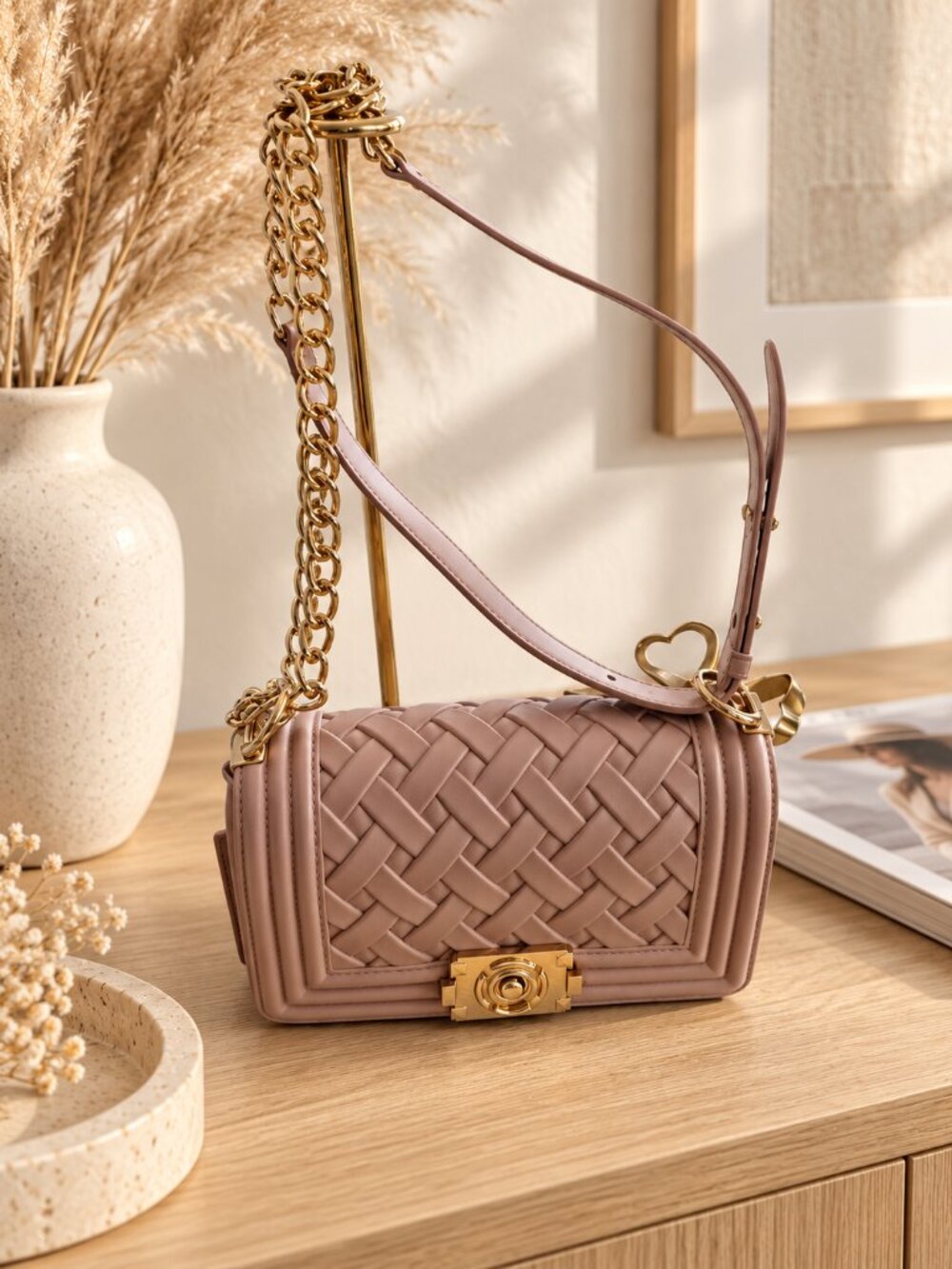 Blush Woven Crossbody Purse with Gold Chain